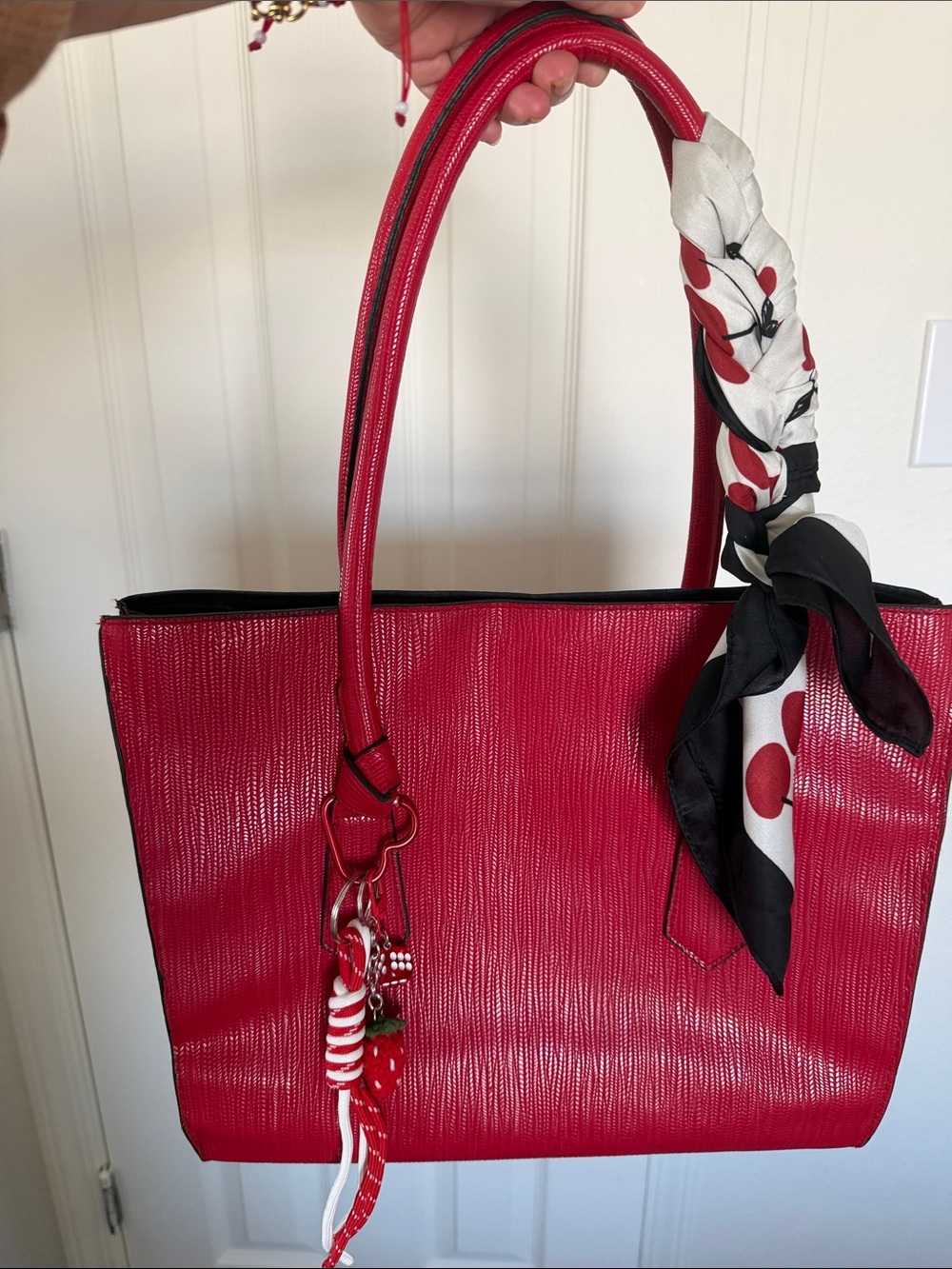 Chic Red Tote Bag with Scarf Accent
